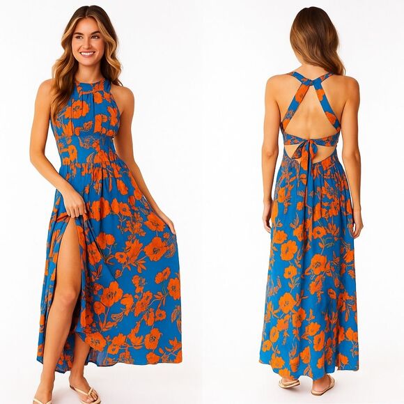 Anthropology ABEL THE LABEL Charlotte Floral Boho Halter Blue Long Maxi Dress L - Picture 1 of 10